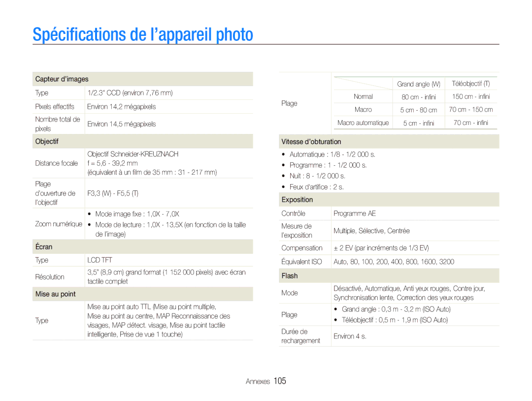 Samsung EC-ST500ZBPSIT, EC-ST500ZBPRIT, EC-ST500ZBASE1, EC-ST500ZBPSFR manual Spéciﬁcations de l’appareil photo, Lcd Tft 