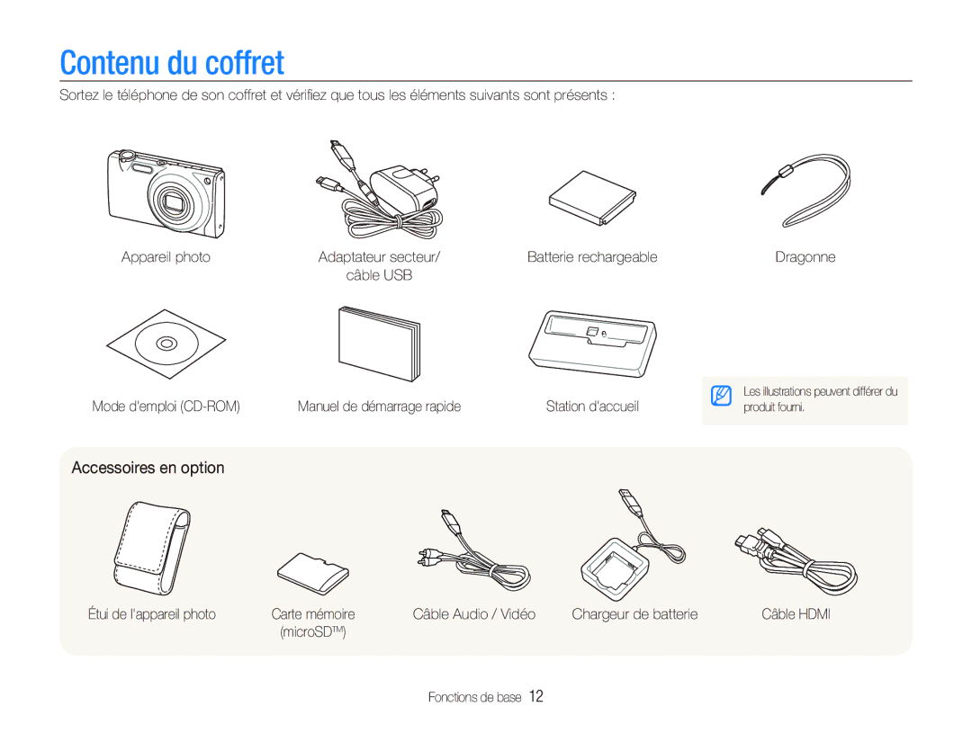 Samsung EC-ST500ZBPRIT, EC-ST500ZBASE1, EC-ST500ZBPSIT, EC-ST500ZBPSFR manual Contenu du coffret, Accessoires en option 