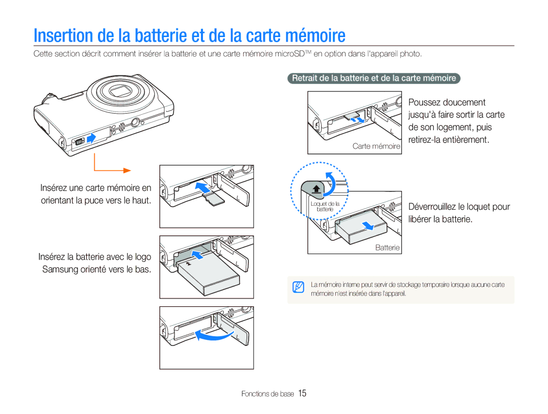 Samsung EC-ST500ZBPSFR Insertion de la batterie et de la carte mémoire, Libérer la batterie, Déverrouillez le loquet pour 