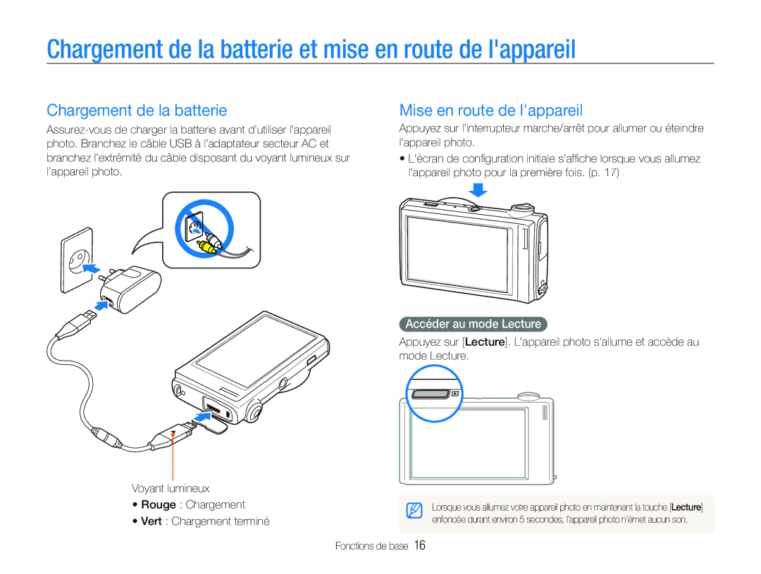 Samsung EC-ST500ZBPUAU, EC-ST500ZBPRIT Chargement de la batterie et mise en route de lappareil, Mise en route de lappareil 