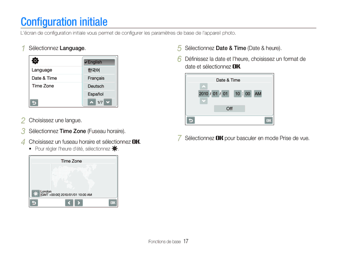 Samsung EC-ST500ZBPSAU, EC-ST500ZBPRIT Conﬁguration initiale, Sélectionnez Language Sélectionnez Date & Time Date & heure 