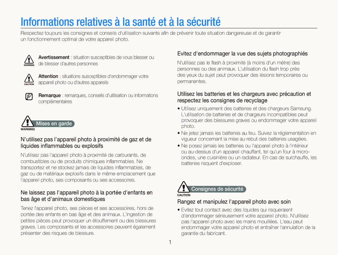 Samsung EC-ST500ZBPSIT Informations relatives à la santé et à la sécurité, Rangez et manipulez lappareil photo avec soin 