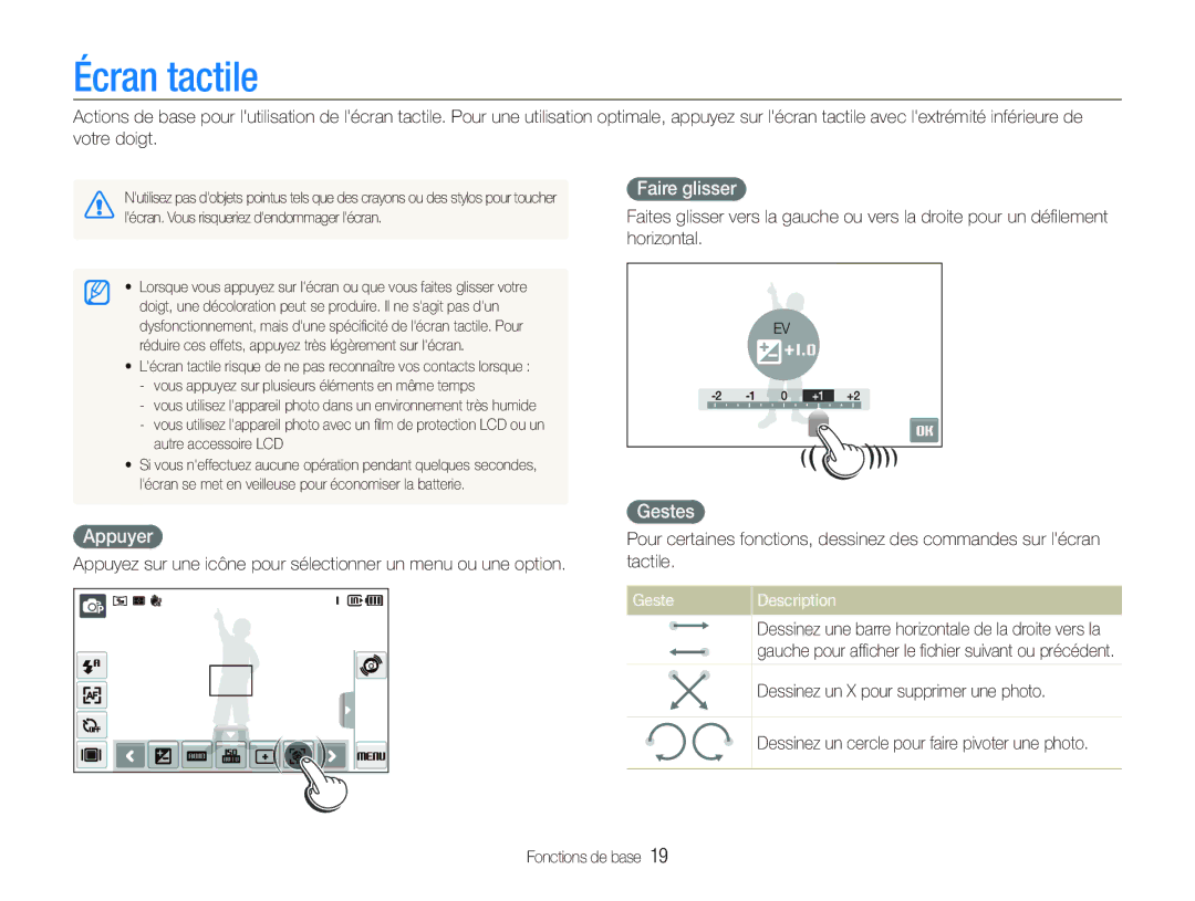 Samsung EC-ST500ZBPRE1, EC-ST500ZBPRIT, EC-ST500ZBASE1 Écran tactile, Appuyer, Faire glisser, Gestes, Geste Description 