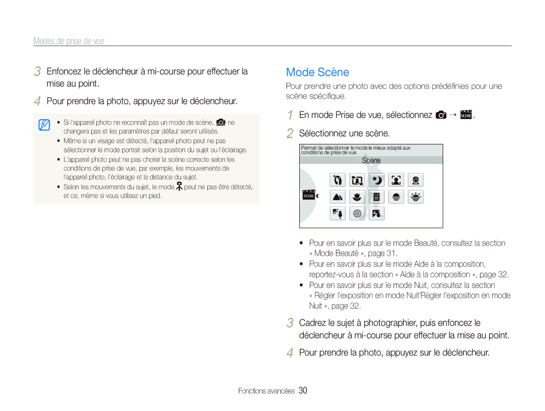 Samsung EC-ST500ZBPSAU, EC-ST500ZBPRIT, EC-ST500ZBASE1, EC-ST500ZBPSIT, EC-ST500ZBPSFR manual Mode Scène, Modes de prise de vue 