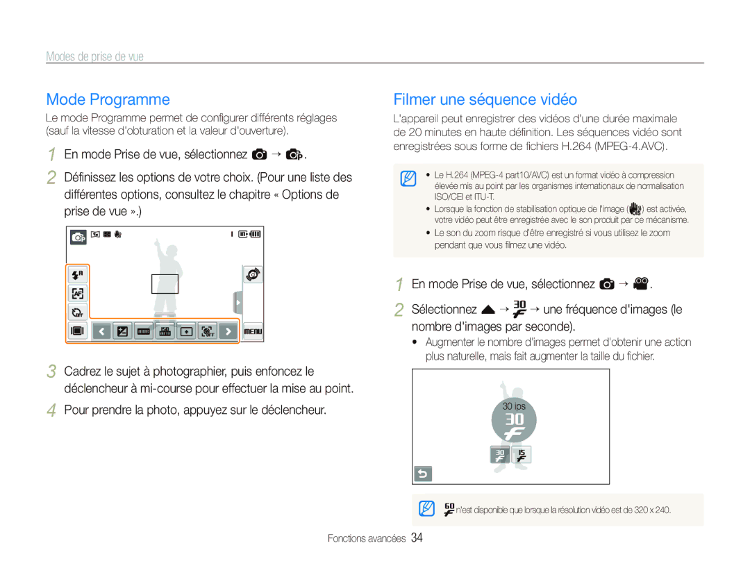 Samsung EC-ST5000BPBE1, EC-ST500ZBPRIT, EC-ST500ZBASE1, EC-ST500ZBPSIT manual Mode Programme, Filmer une séquence vidéo 