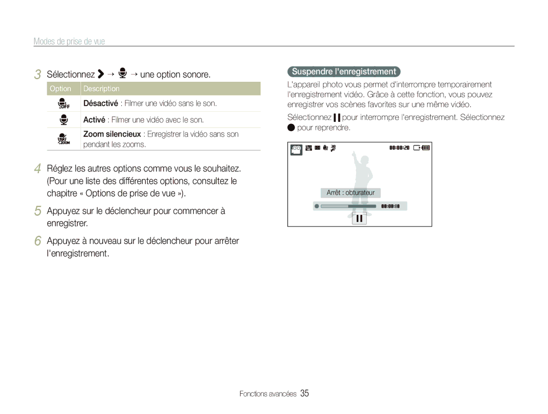 Samsung EC-ST500ZBPRFR, EC-ST500ZBPRIT, EC-ST500ZBASE1 manual Sélectionnez ““ ““une option sonore, Suspendre lenregistrement 