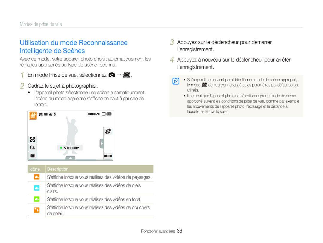 Samsung EC-ST500ZBPRAU manual Utilisation du mode Reconnaissance Intelligente de Scènes, Cadrez le sujet à photographier 