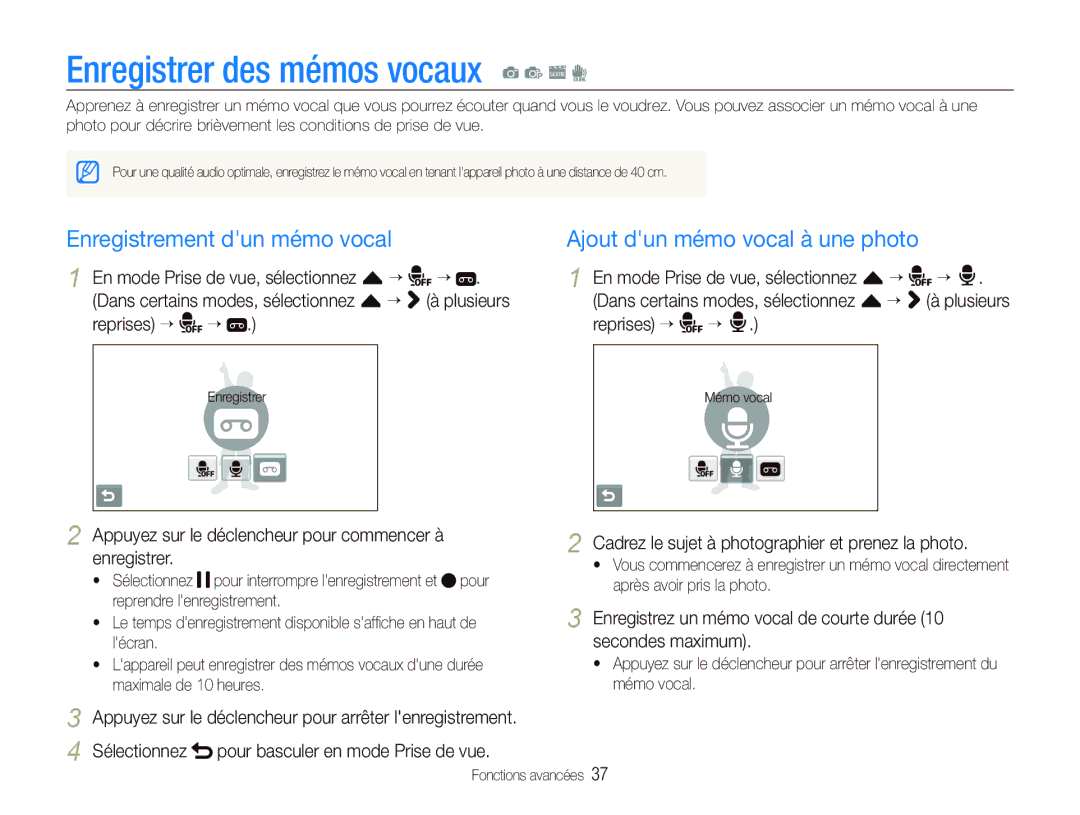 Samsung EC-ST5000BPBGS, EC-ST500ZBPRIT, EC-ST500ZBASE1 Enregistrer des mémos vocaux a p s d, Enregistrement dun mémo vocal 