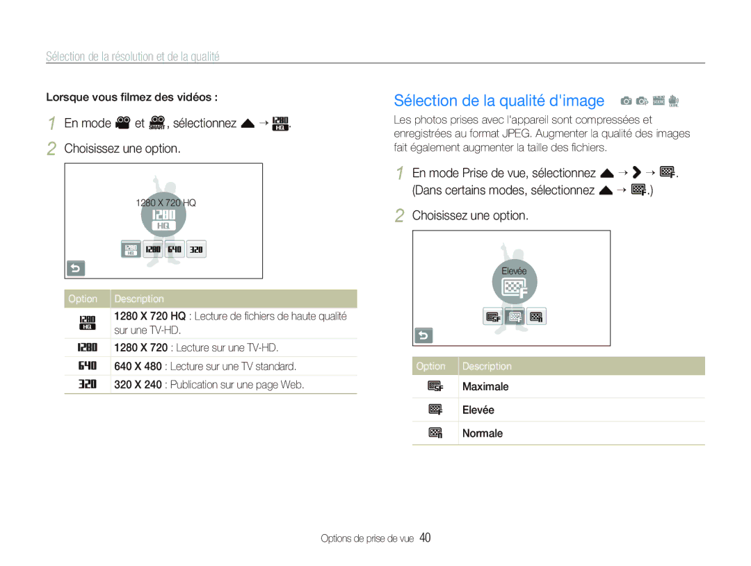 Samsung EC-ST500ZBPSIT manual Sélection de la qualité dimage a p s d, Sélection de la résolution et de la qualité, Option 