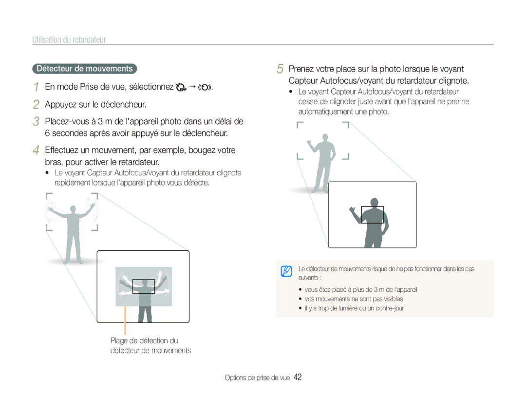 Samsung EC-ST500ZBPUAU, EC-ST500ZBPRIT Utilisation du retardateur, Appuyez sur le déclencheur, Détecteur de mouvements 