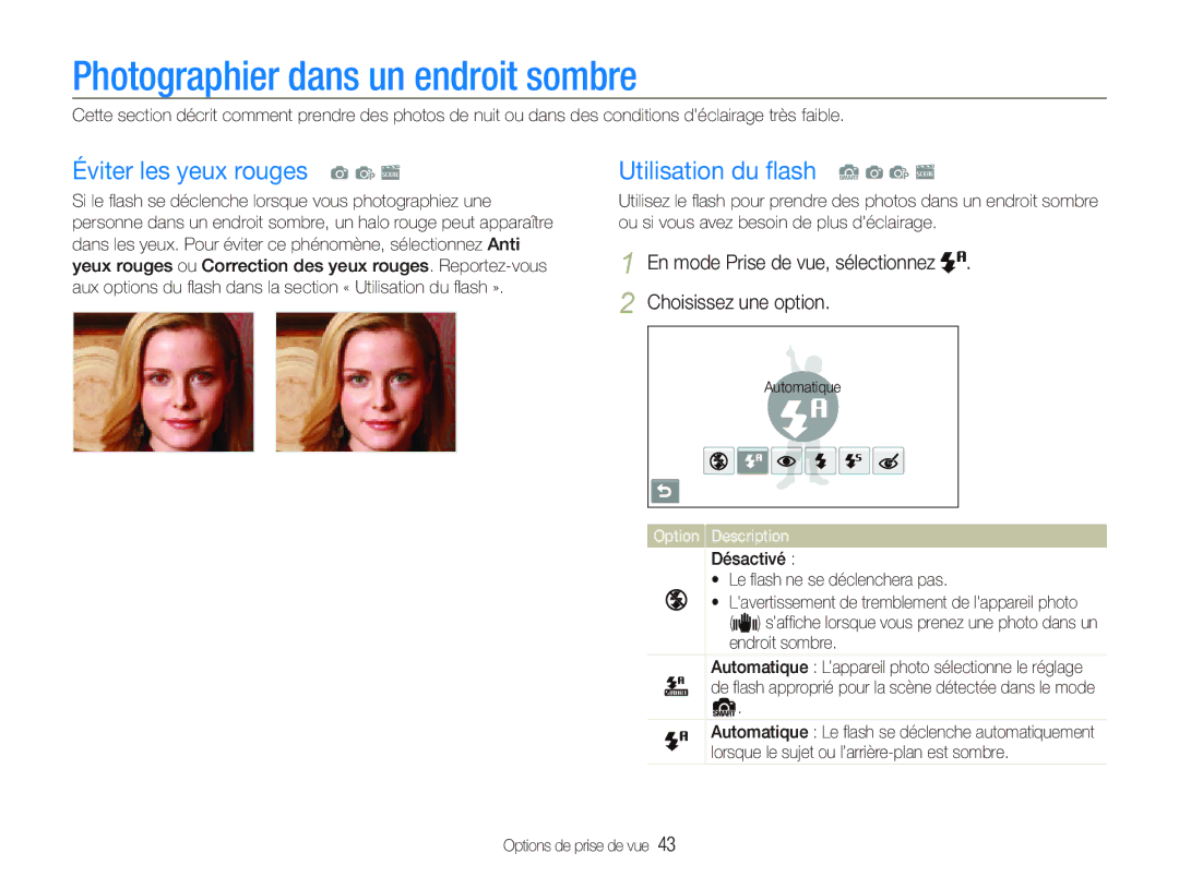 Samsung EC-ST500ZBPSAU Photographier dans un endroit sombre, Éviter les yeux rouges a p s, Utilisation du ﬂash S a p s 