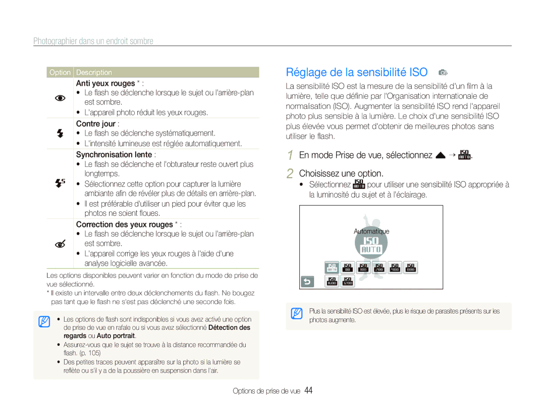 Samsung EC-ST500ZBPSE1, EC-ST500ZBPRIT manual Réglage de la sensibilité ISO p, Photographier dans un endroit sombre 