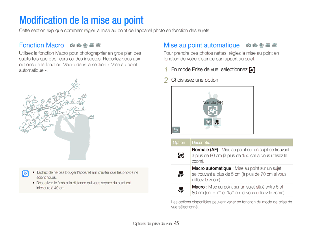 Samsung EC-ST500ZBPRE1 Modiﬁcation de la mise au point, Fonction Macro a p d v D, Mise au point automatique a p d v D 