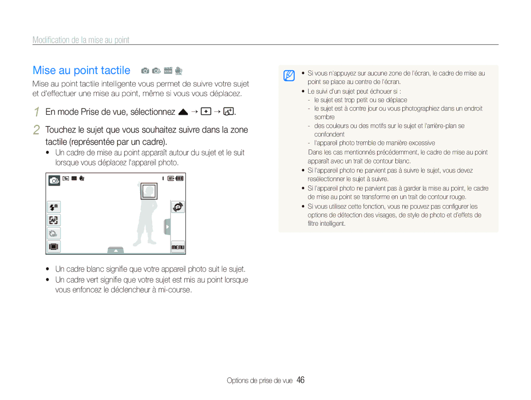 Samsung EC-ST500ZBAAFR Mise au point tactile a p s d, Modiﬁcation de la mise au point, Tactile représentée par un cadre 