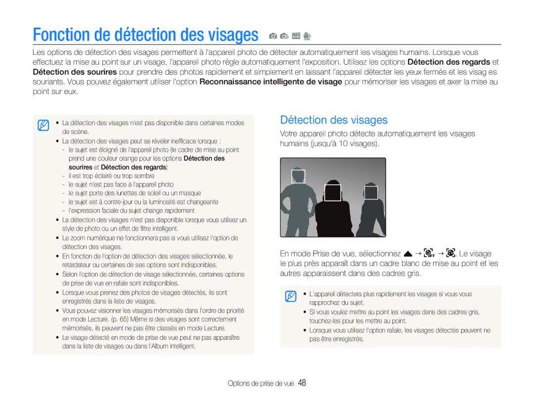 Samsung EC-ST500ZBPRFR, EC-ST500ZBPRIT, EC-ST500ZBASE1 Fonction de détection des visages a p s d, Détection des visages 