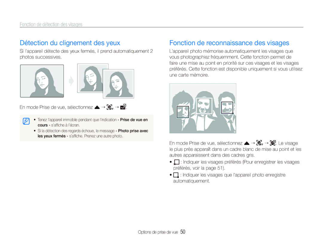 Samsung EC-ST5000BPBGS, EC-ST500ZBPRIT manual Détection du clignement des yeux, Fonction de reconnaissance des visages 