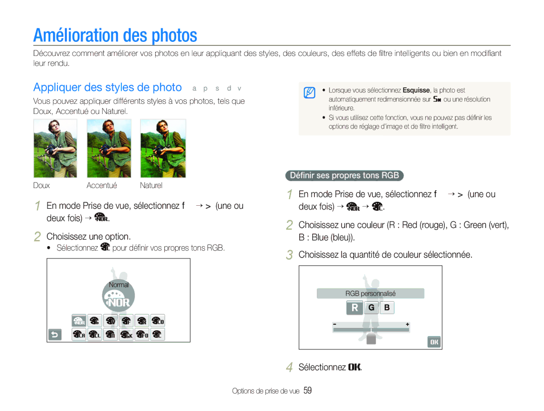 Samsung EC-ST500ZBAAFR manual Amélioration des photos, Appliquer des styles de photo a p s d, Déﬁnir ses propres tons RGB 