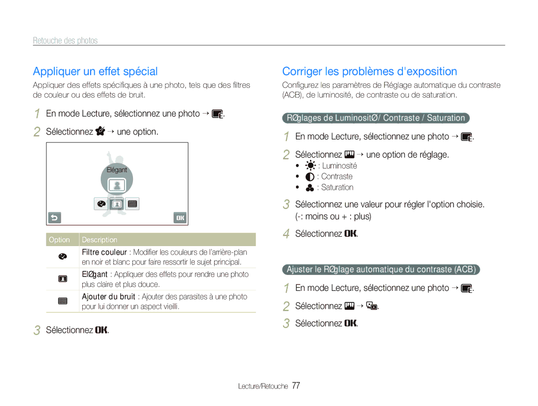 Samsung EC-ST500ZBPRIT, EC-ST500ZBASE1, EC-ST500ZBPSIT manual Appliquer un effet spécial, Corriger les problèmes dexposition 