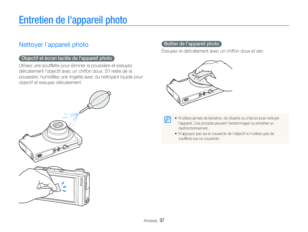 Samsung EC-ST500ZBPRE1, EC-ST500ZBPRIT Entretien de lappareil photo, Nettoyer lappareil photo, Boîtier de lappareil photo 