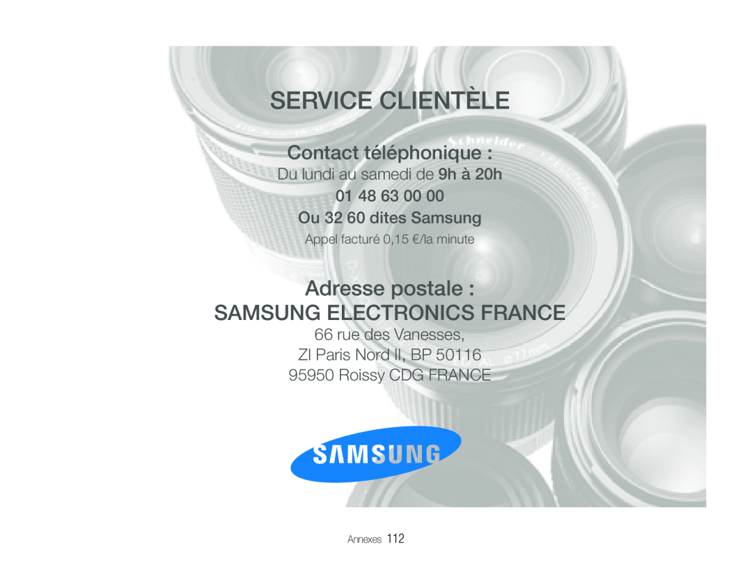 Samsung EC-ST5000BPBE1, EC-ST500ZBPRIT Service Clientèle, Adresse postale SAMSUNG ELECTRONICS FRANCE, Contact téléphonique 
