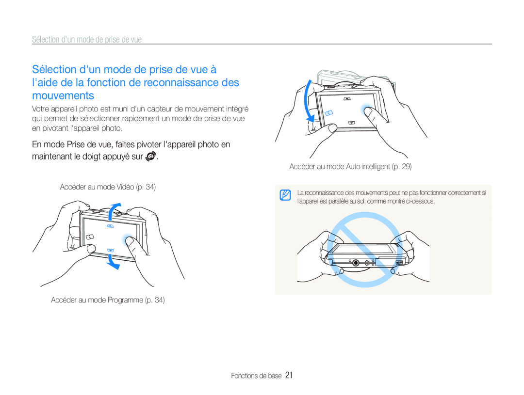 Samsung EC-ST5000BPBE1 manual Sélection dun mode de prise de vue, En mode Prise de vue, faites pivoter lappareil photo en 