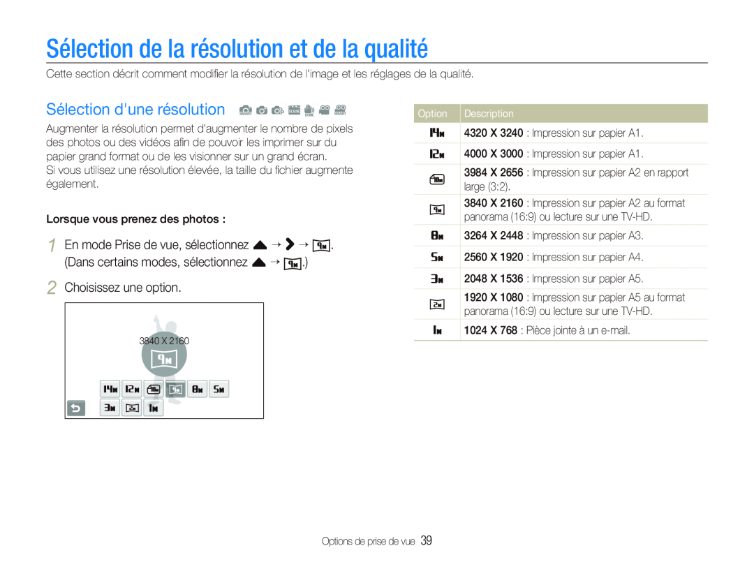 Samsung EC-ST500ZBASE1 manual Sélection de la résolution et de la qualité, Sélection dune résolution S a p s d v D 