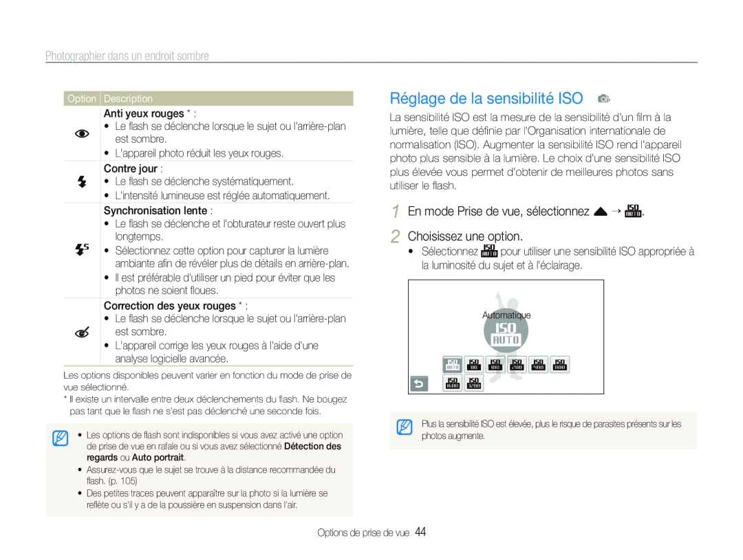 Samsung EC-ST500ZBPSE1 manual Réglage de la sensibilité ISO p, Photographier dans un endroit sombre, Option Description 