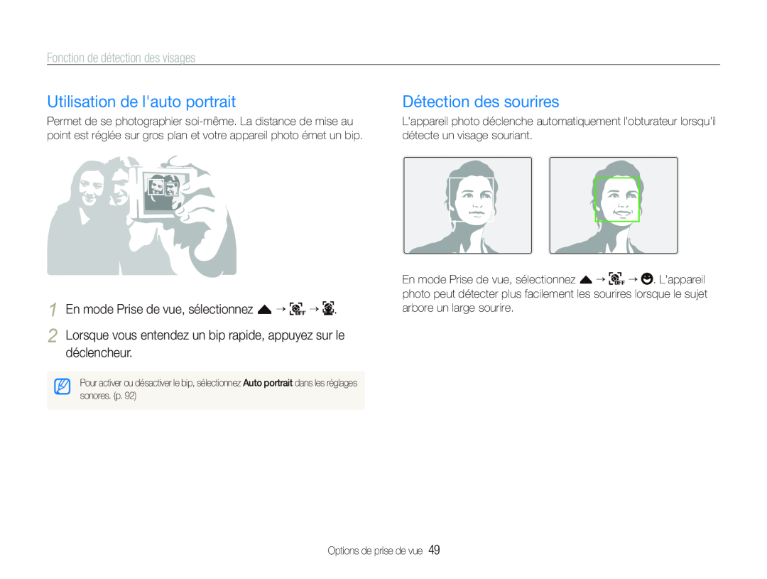 Samsung EC-ST500ZBPRAU manual Utilisation de lauto portrait, Détection des sourires, Fonction de détection des visages 