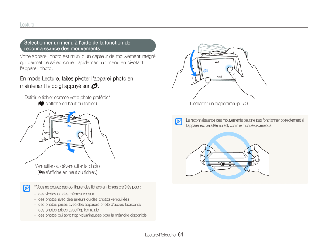 Samsung EC-ST500ZBPRIT manual En mode Lecture, faites pivoter lappareil photo en, maintenant le doigt appuyé sur 