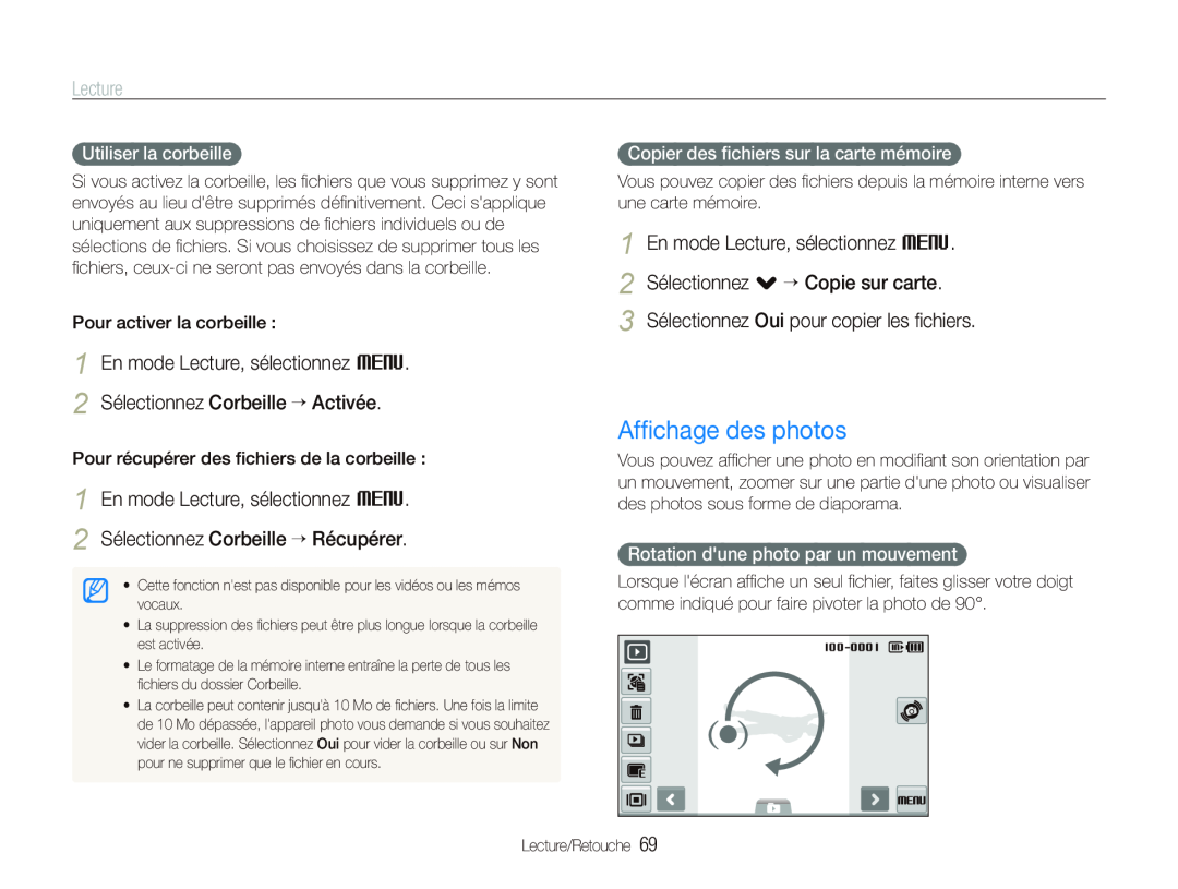 Samsung EC-ST500ZBPSAU manual Afﬁchage des photos, En mode Lecture, sélectionnez M 2 Sélectionnez Corbeille “ Activée 