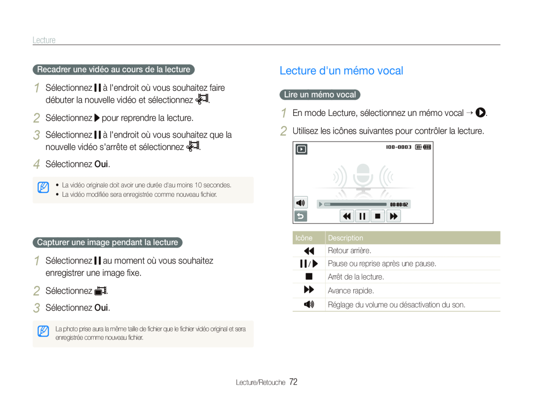 Samsung EC-ST500ZBAAFR manual Lecture dun mémo vocal, 2 Sélectionnez 3 Sélectionnez Oui, Lire un mémo vocal, Icône 