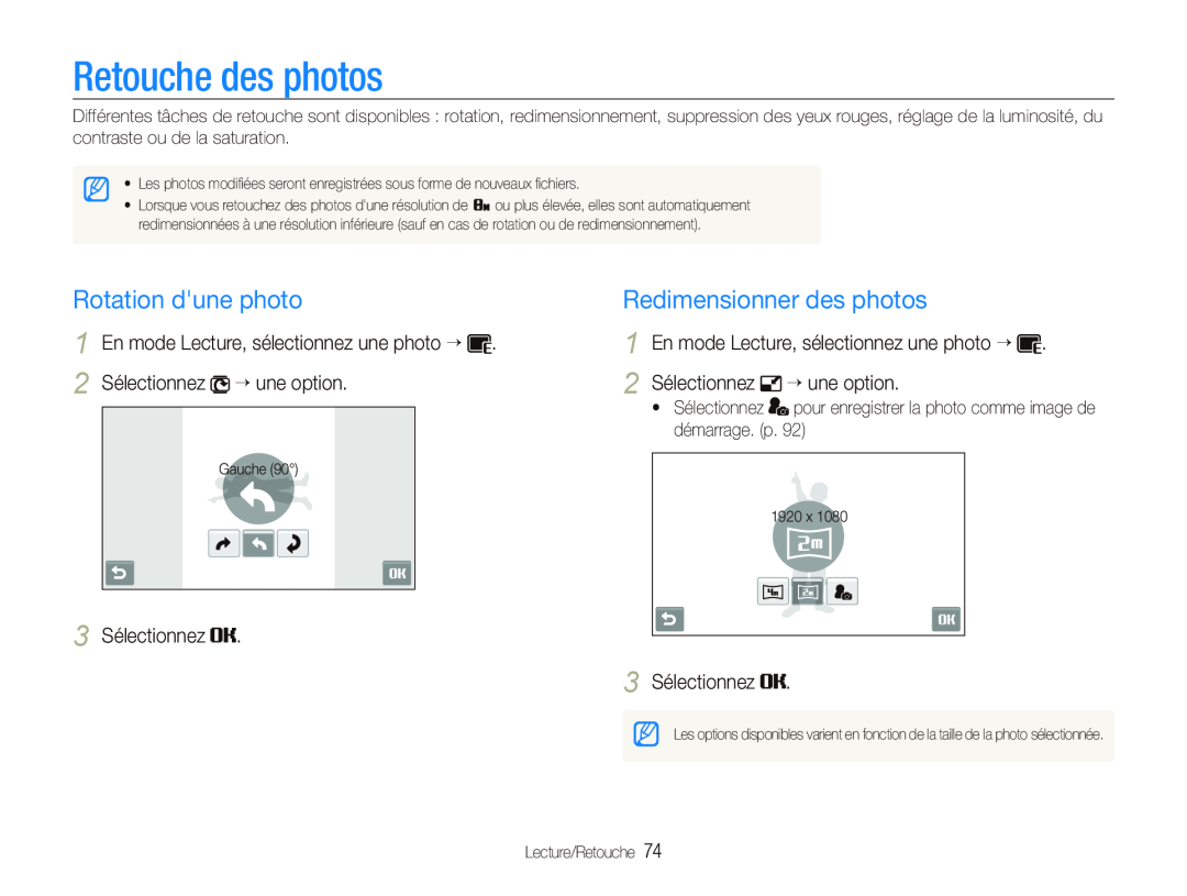Samsung EC-ST500ZBPRFR Retouche des photos, Rotation dune photo, Redimensionner des photos, Sélectionnez ““une option 