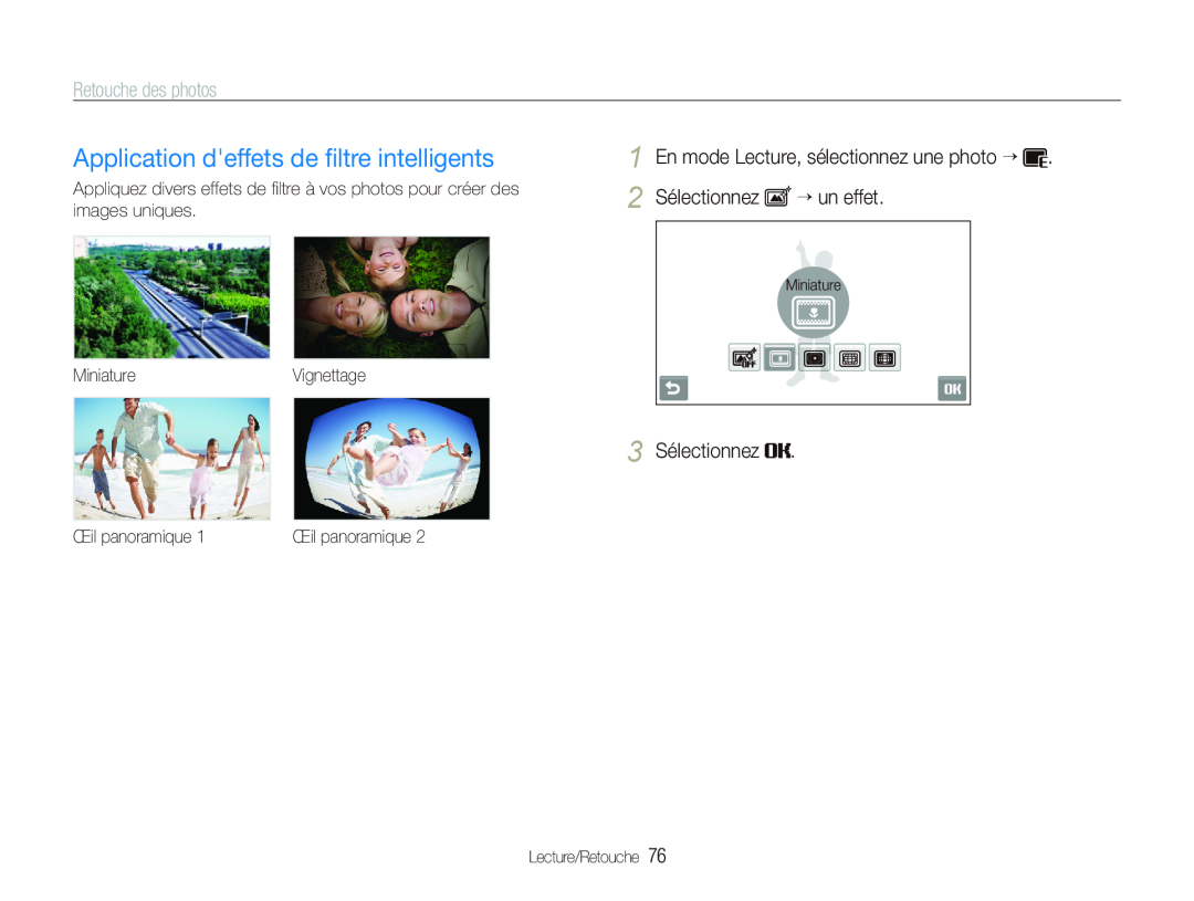 Samsung EC-ST5000BPBGS manual ““un effet, Application deffets de ﬁltre intelligents, Retouche des photos, Sélectionnez 