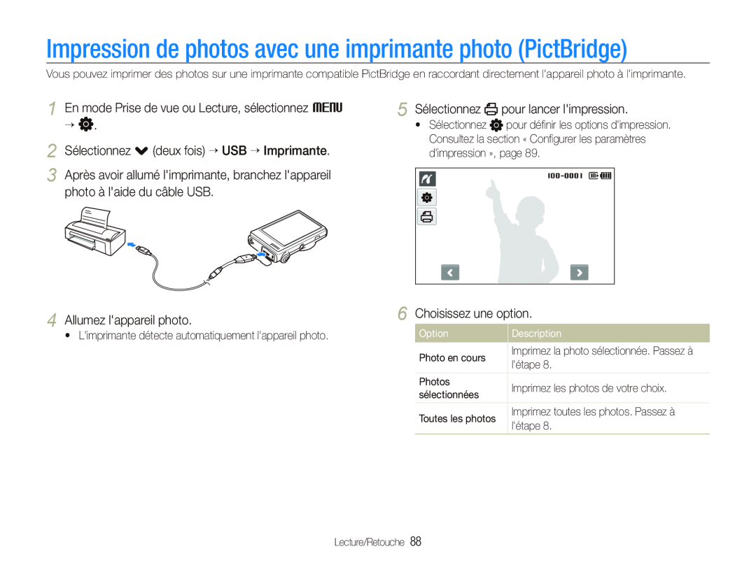 Samsung EC-ST500ZBPRAU Impression de photos avec une imprimante photo PictBridge, Imprimez la photo sélectionnée. Passez à 