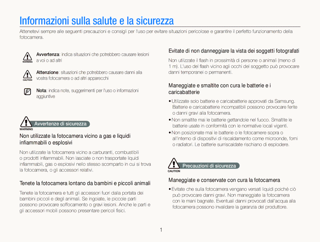 Samsung EC-ST500ZBPRE1 Informazioni sulla salute e la sicurezza, Tenete la fotocamera lontano da bambini e piccoli animali 