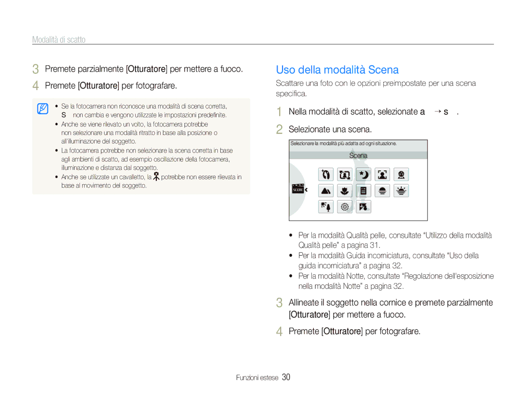 Samsung EC-ST5000BPOIT, EC-ST500ZBPRIT, EC-ST500ZBPSIT, EC-ST500ZBPRE1 manual Uso della modalità Scena, Modalità di scatto 