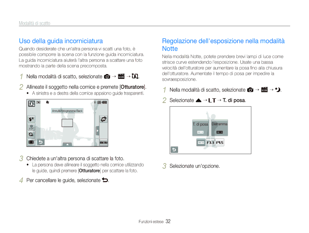 Samsung EC-ST500ZBPSIT, EC-ST500ZBPRIT Uso della guida incorniciatura, Regolazione dellesposizione nella modalità Notte 