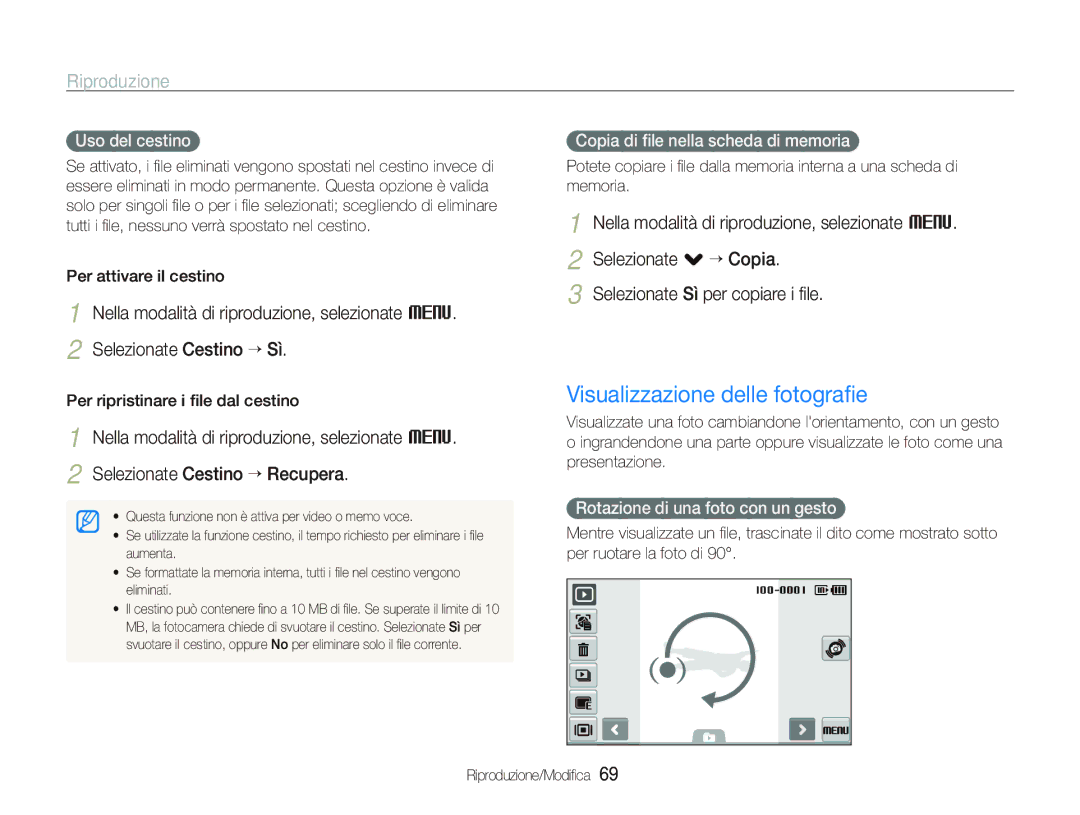 Samsung EC-ST5000BPAIT manual Visualizzazione delle fotograﬁe, Uso del cestino, Copia di ﬁle nella scheda di memoria 