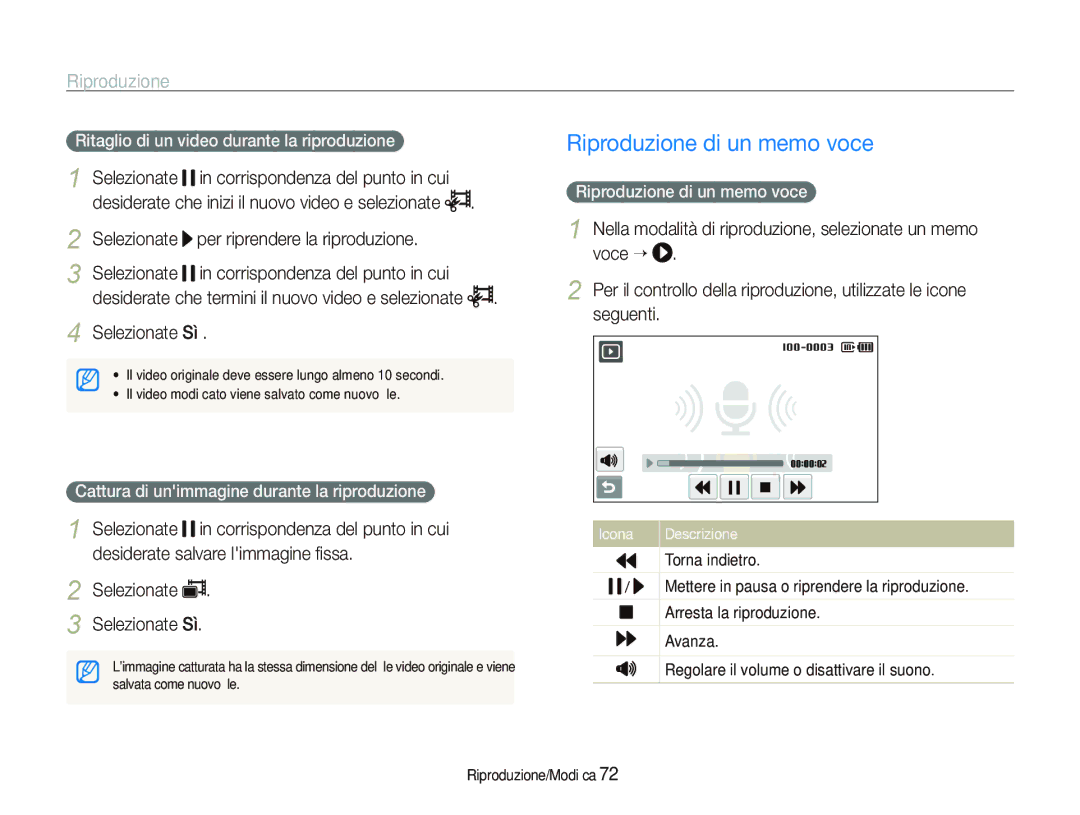 Samsung EC-ST500ZBPSIT manual Selezionate Per riprendere la riproduzione, Selezionate Sì, Riproduzione di un memo voce 