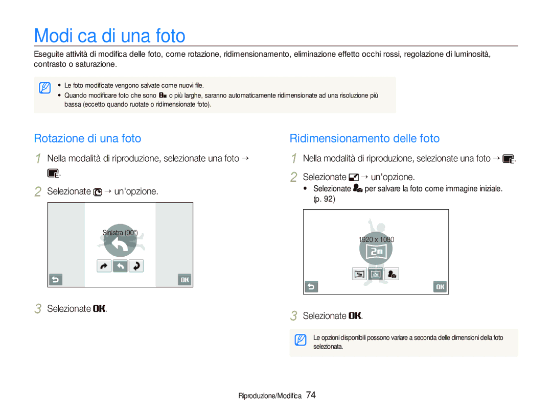 Samsung EC-ST5000BPUIT, EC-ST500ZBPRIT manual Modiﬁca di una foto, Rotazione di una foto, Ridimensionamento delle foto 