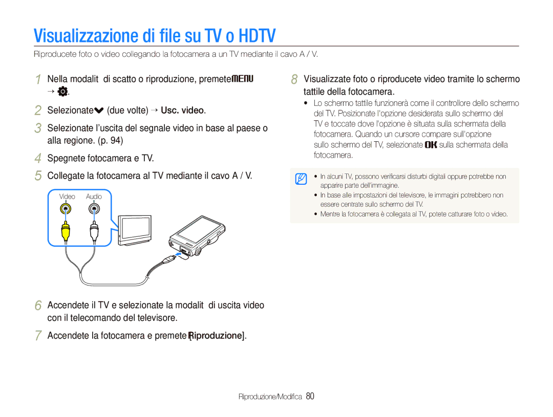 Samsung EC-ST500ZBPSIT, EC-ST500ZBPRIT, EC-ST500ZBPRE1, EC-ST5000BPUIT, EC-ST500ZBPUIT Visualizzazione di ﬁle su TV o Hdtv 