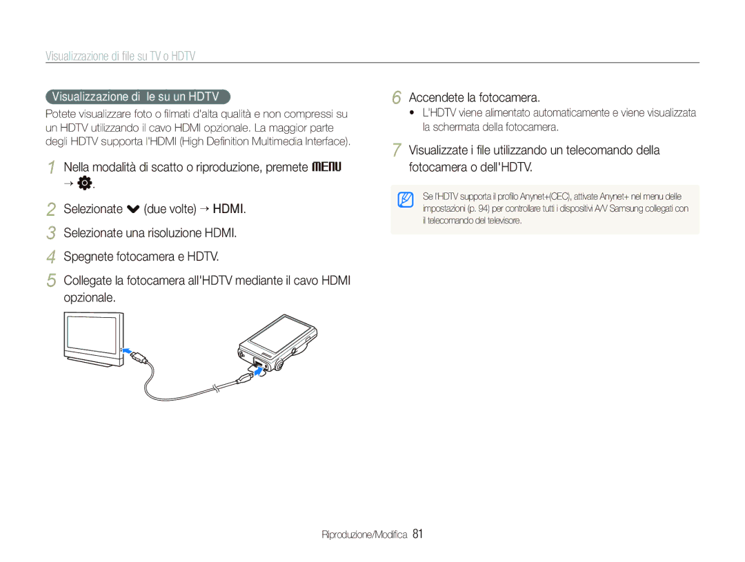 Samsung EC-ST500ZBPRE1, EC-ST500ZBPRIT manual Visualizzazione di ﬁle su TV o Hdtv, Visualizzazione di ﬁle su un Hdtv 