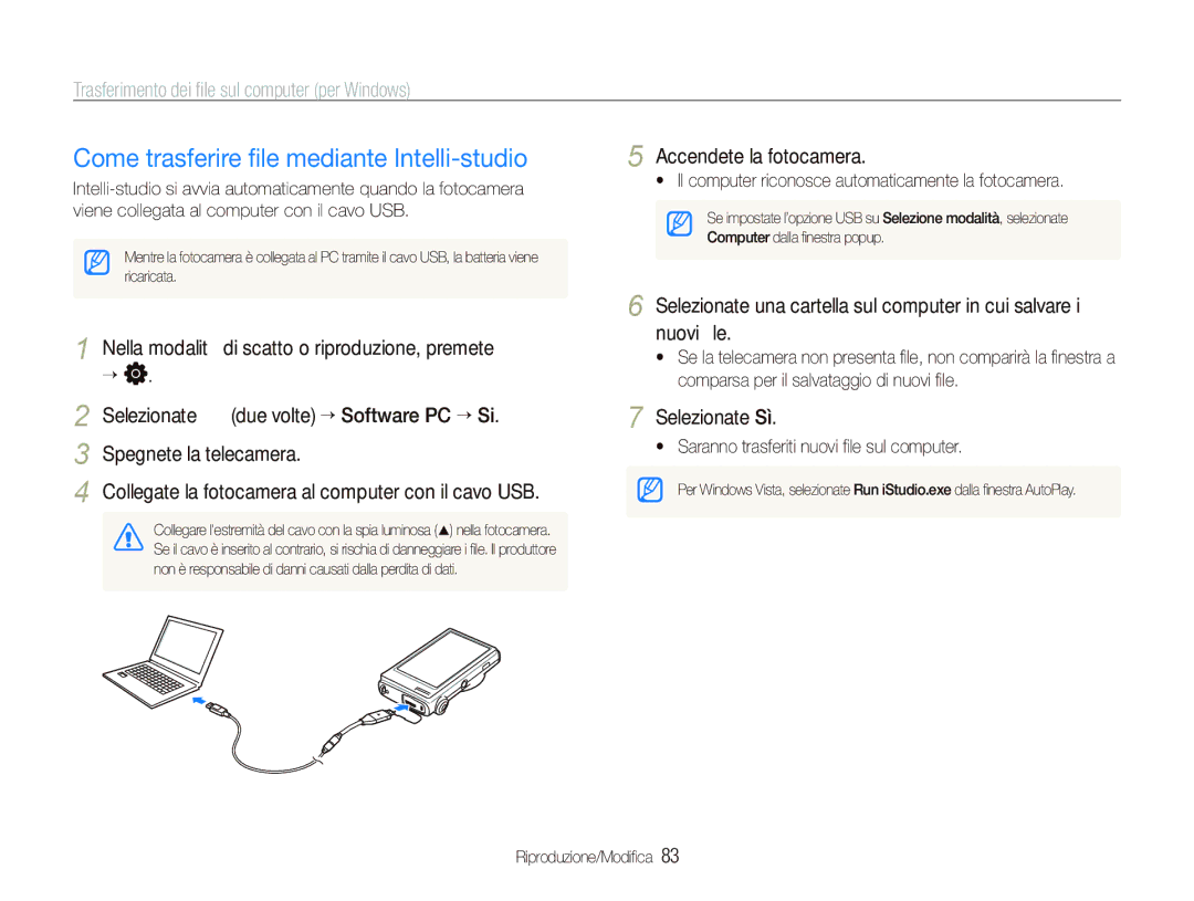 Samsung EC-ST500ZBPUIT manual Come trasferire ﬁle mediante Intelli-studio, Trasferimento dei ﬁle sul computer per Windows 