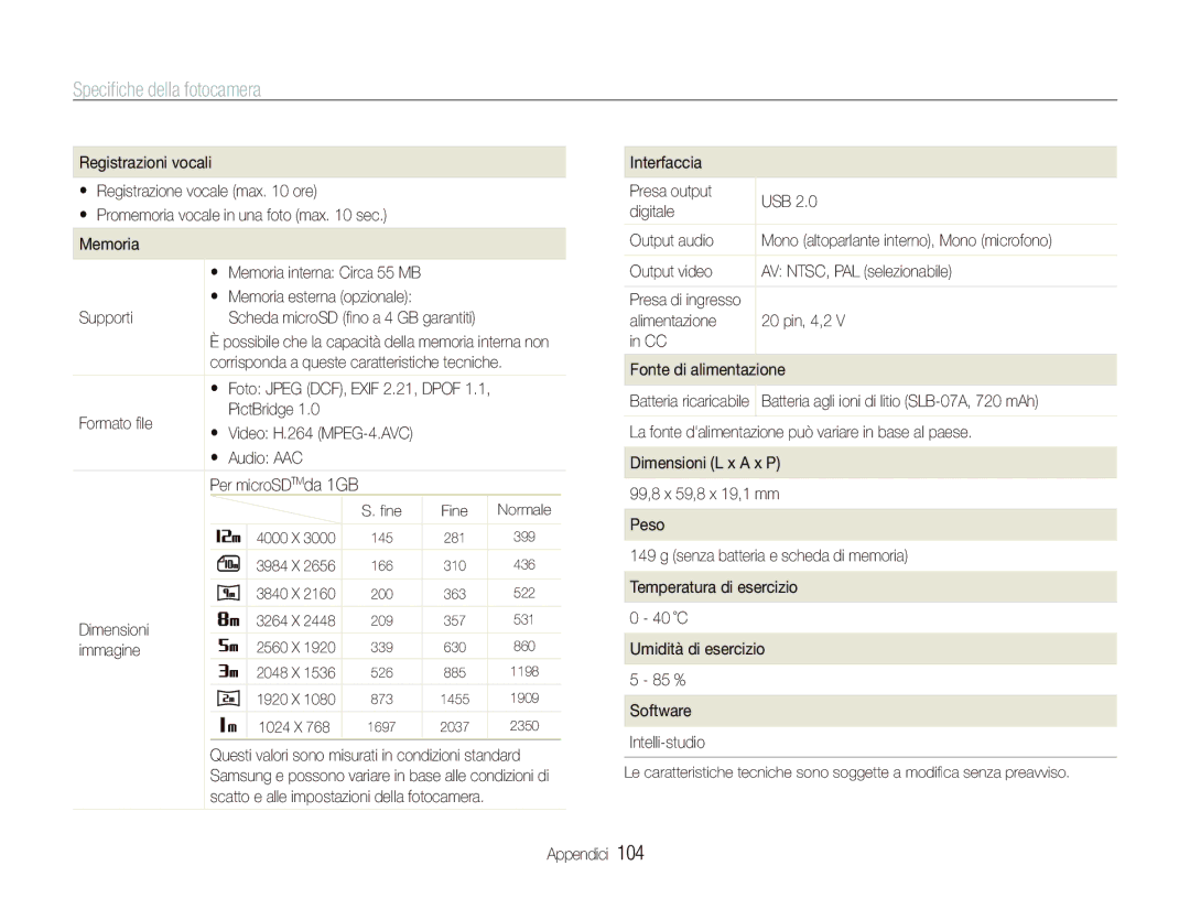 Samsung EC-ST500ZBPSIT Supporti, Formato ﬁle PictBridge,  Audio AAC, Dimensioni, Output video AV NTSC, PAL selezionabile 