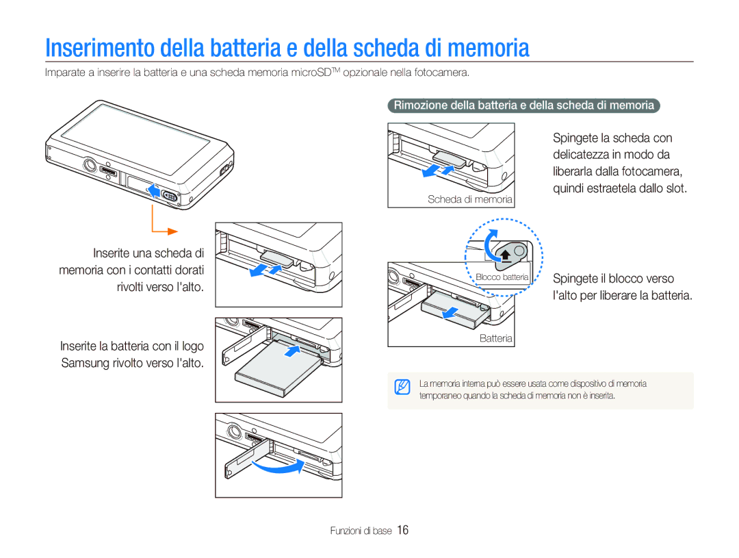 Samsung EC-ST500ZBPSIT manual Inserimento della batteria e della scheda di memoria, Spingete il blocco verso, Batteria 