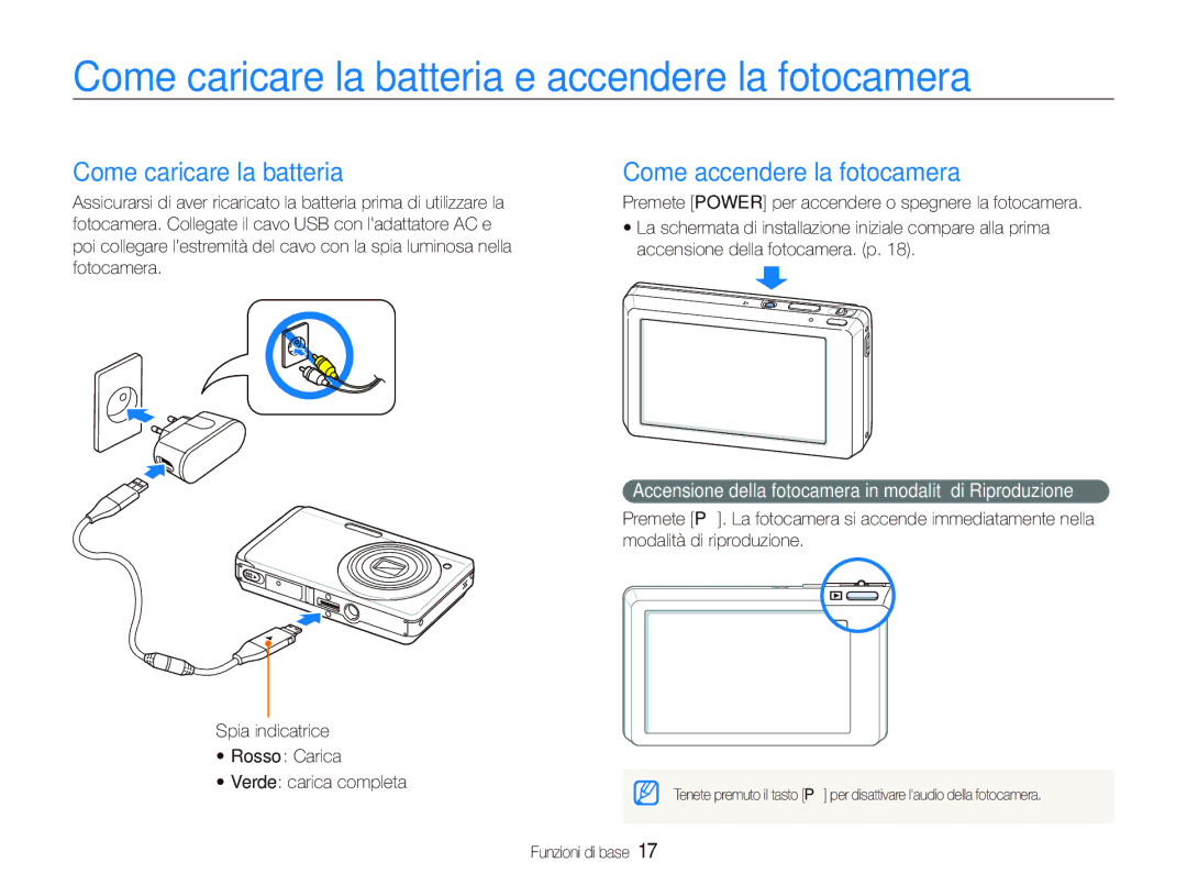 Samsung EC-ST500ZBPRE1, EC-ST500ZBPRIT Come caricare la batteria e accendere la fotocamera, Come accendere la fotocamera 