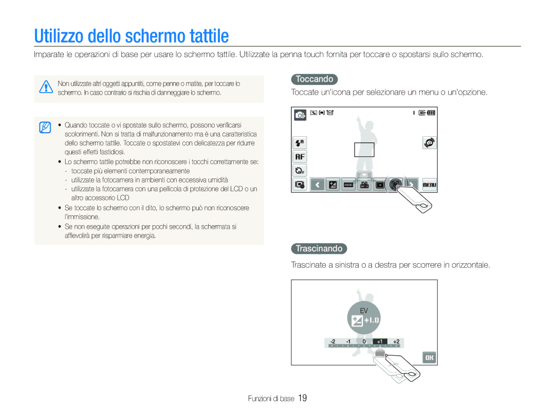 Samsung EC-ST500ZBPRIT, EC-ST500ZBPSIT, EC-ST500ZBPRE1, EC-ST500ZBPUIT Utilizzo dello schermo tattile, Toccando, Trascinando 