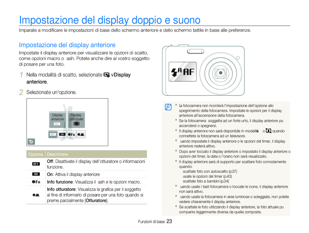 Samsung EC-ST500ZBPRIT Impostazione del display doppio e suono, Impostazione del display anteriore, Opzione Descrizione 