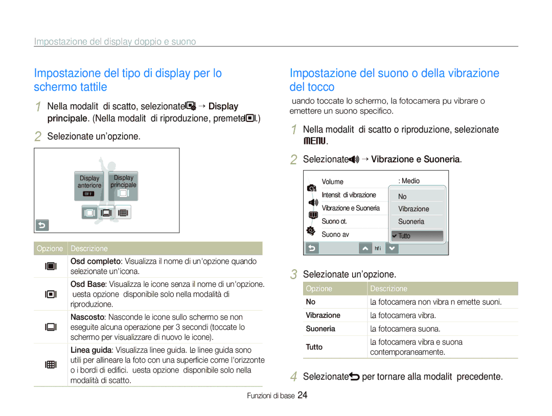 Samsung EC-ST500ZBPSIT Impostazione del tipo di display per lo schermo tattile, Impostazione del display doppio e suono 