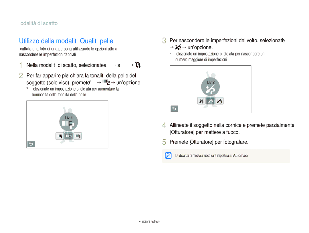 Samsung EC-ST500ZBPRE1 Utilizzo della modalità Qualità pelle, Per far apparire più chiara la tonalità della pelle del 